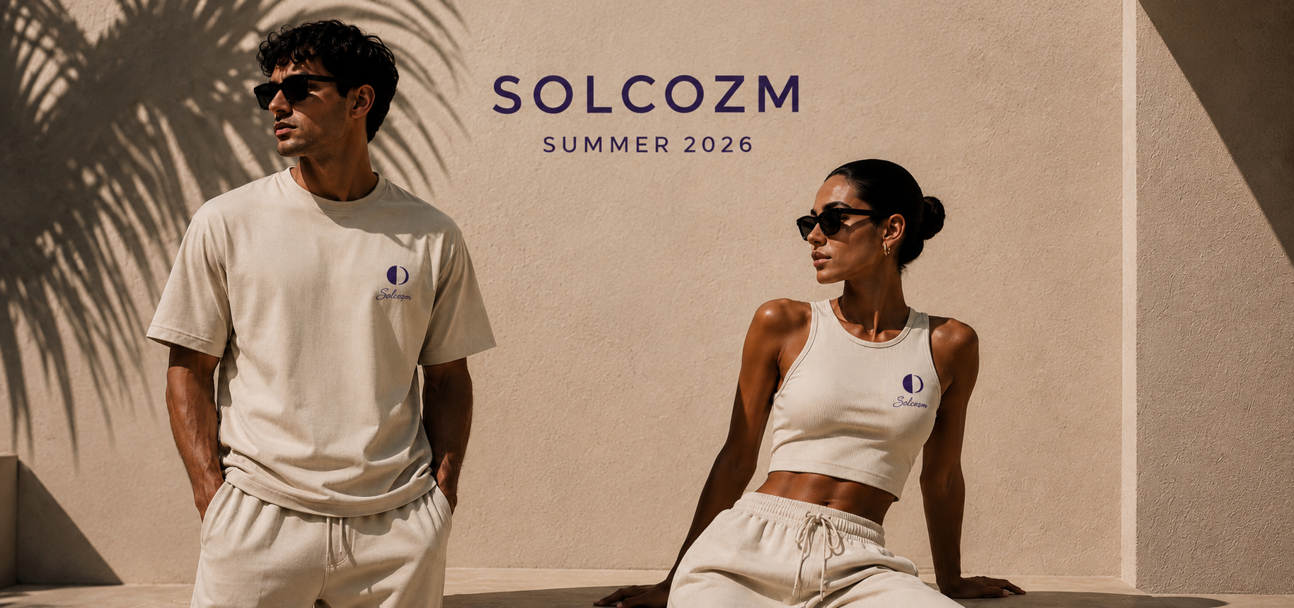 Modella indossa un capo SOLCOZM in un'ambientazione minimale, hero homepage
