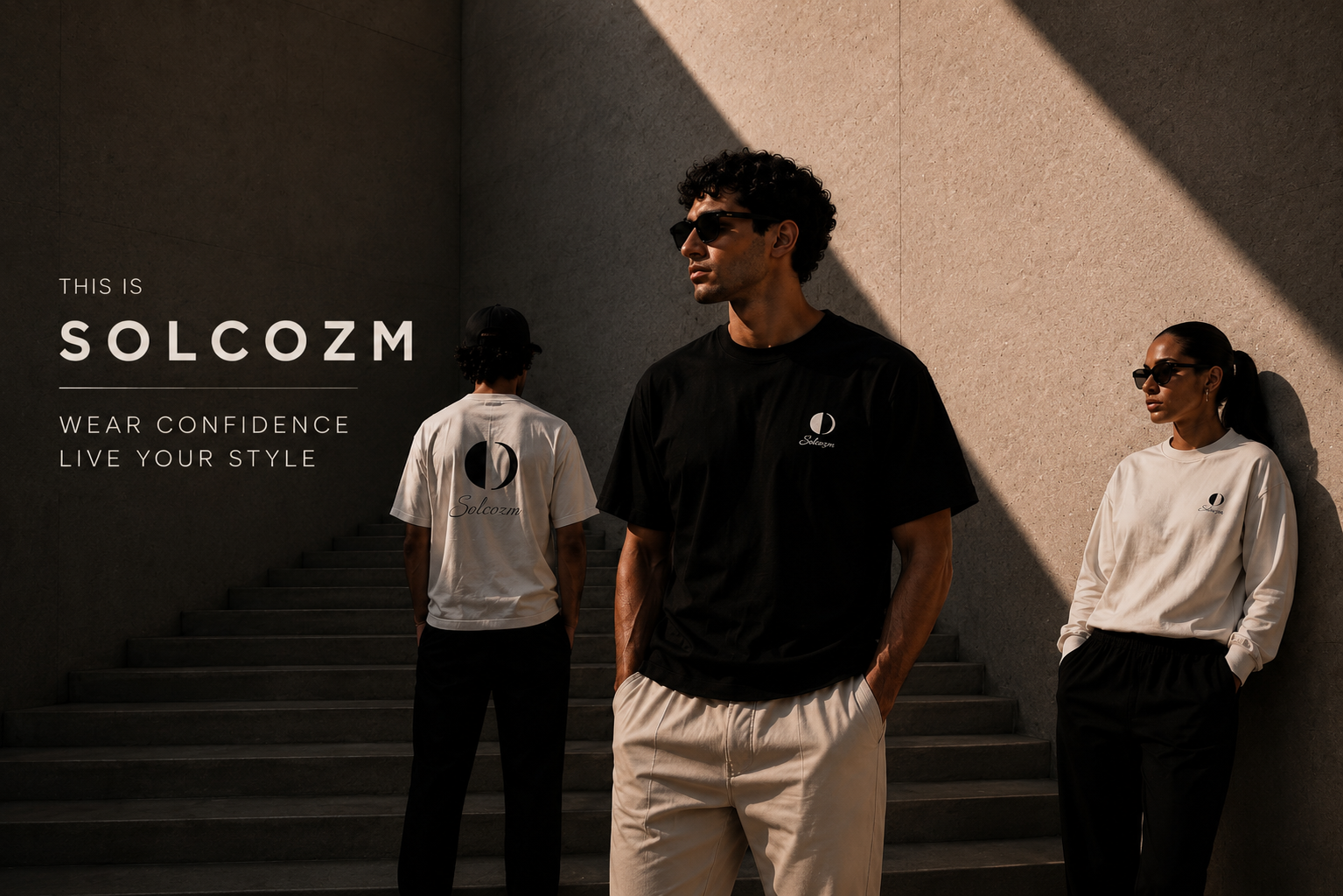 Capo streetwear SOLCOZM su sfondo essenziale, hero homepage